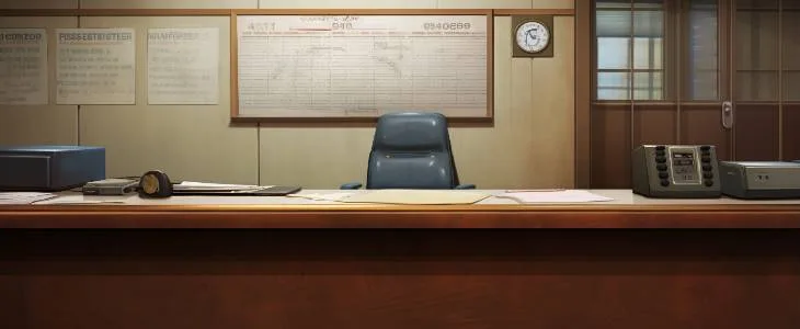 Front desk of a police station with a police report on top