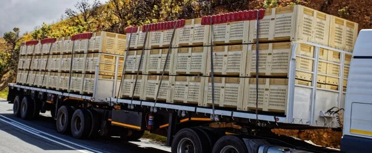 An overloaded truck drives down a road