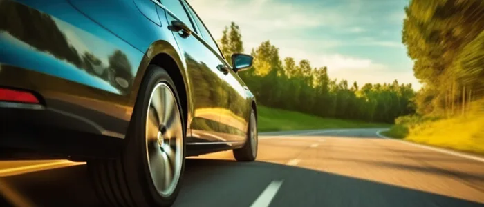 A car speeds down the road