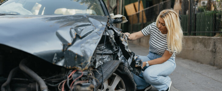 Adult woman looking at wracked car to due car crash