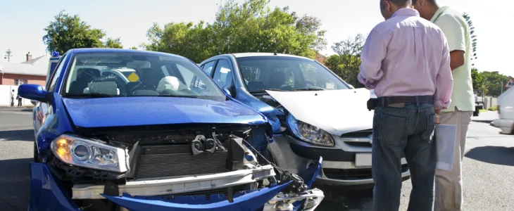 Two men conferring next to two smashed cars.