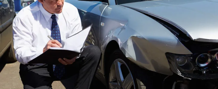 Loss Adjuster Inspecting Car Involved In Accident and taking notes